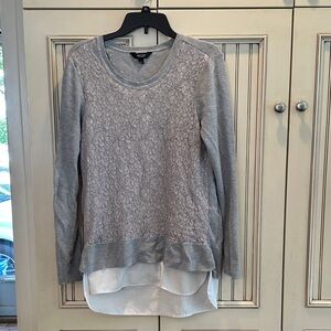 Gray Lace Overlay Sweater with White Hem